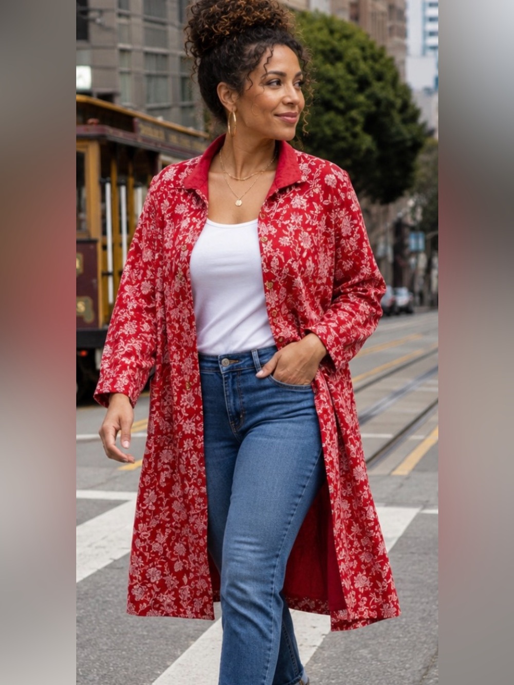 Red Floral Button-Front Tunic Coat